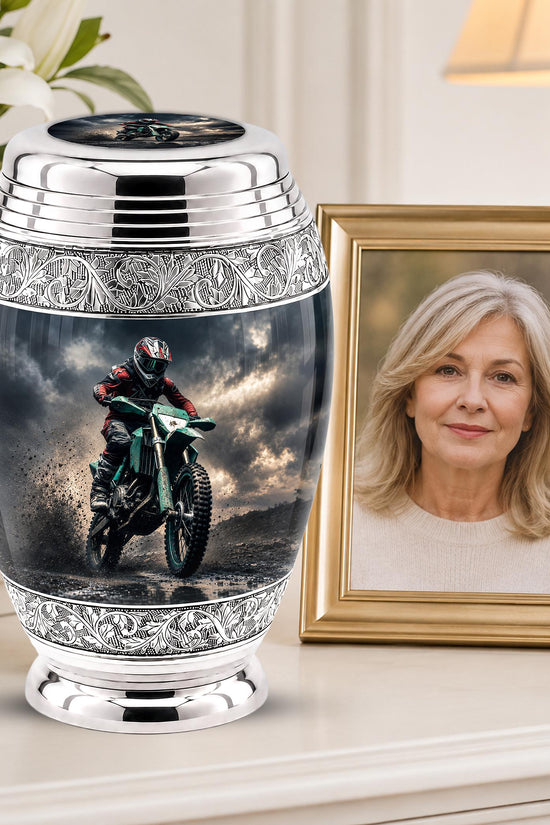 Personalized Motocross Rider Cremation Urn, Glossy Black Finish, Memorial Keepsake