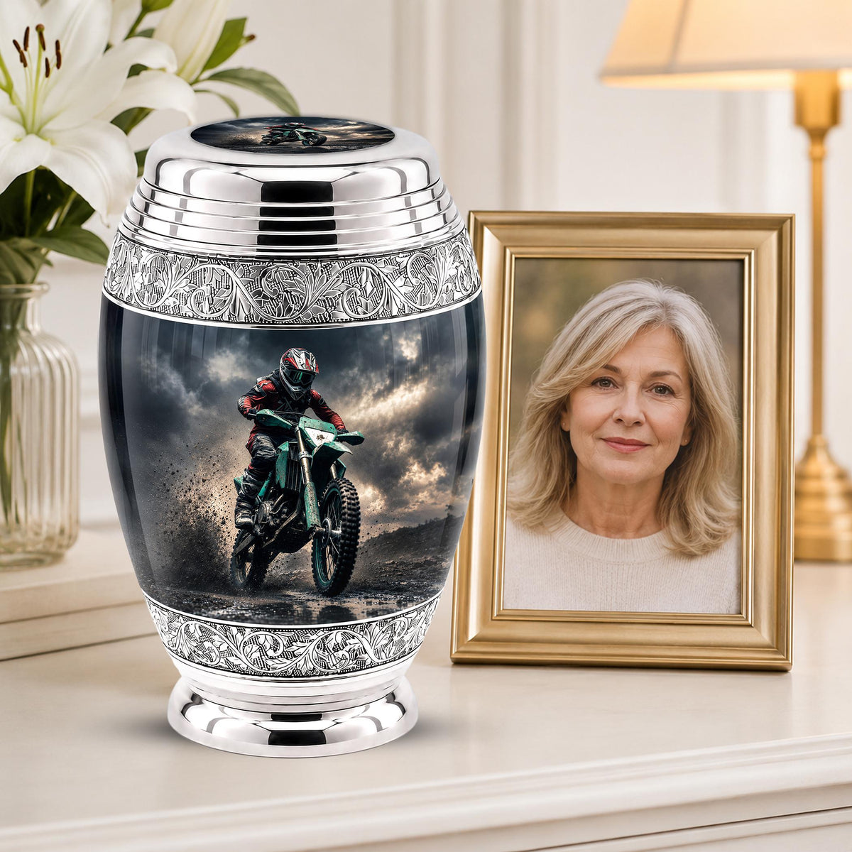 Personalized Motocross Rider Cremation Urn, Glossy Black Finish, Memorial Keepsake