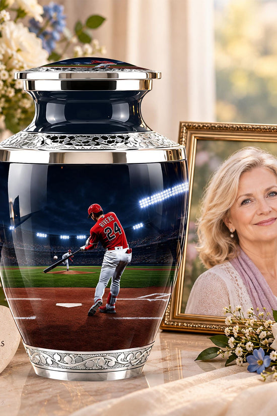 Baseball Player Cremation Urn for Ashes - Red Jersey Baseball Memorial Urn