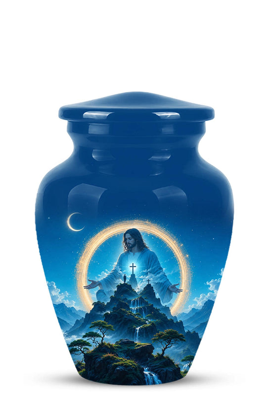 Personalized Jesus Cremation Urn for Ashes, Jesus Christ Mountain Memorial Urn - Christian Religious Tribute Urn, Heavenly Faith Memorial