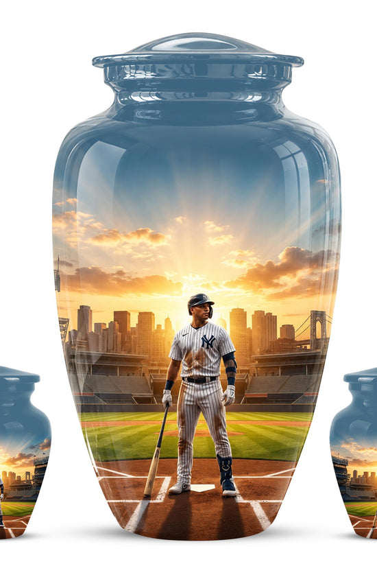 Baseball Player Cremation Urn for Ashes - City Skyline Sunset Memorial Urn