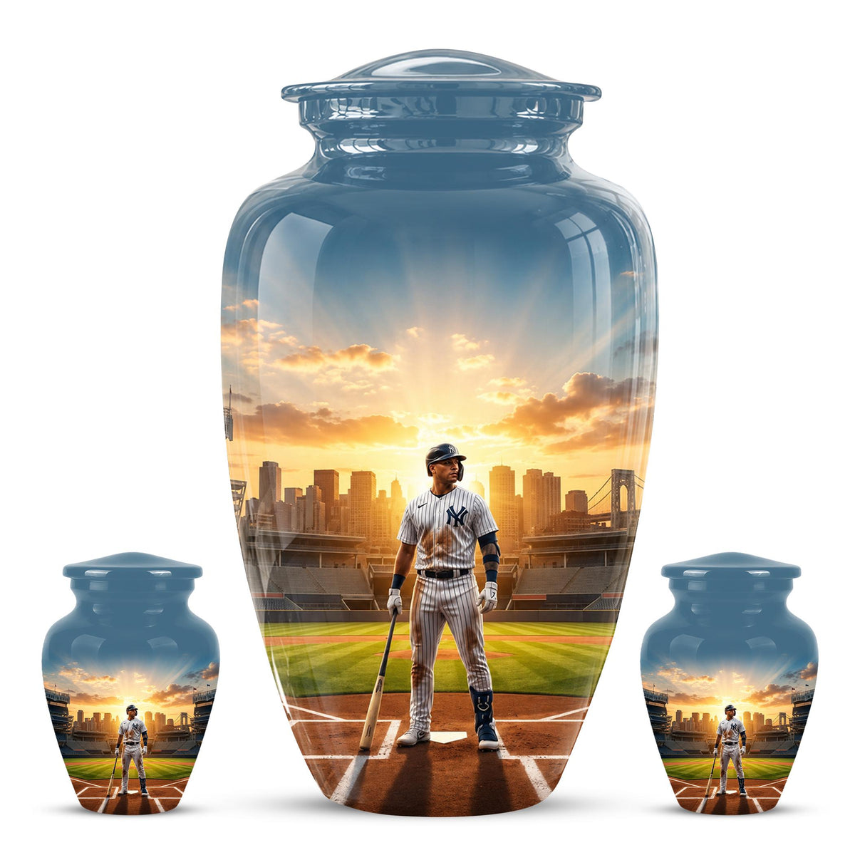 Baseball Player Cremation Urn for Ashes - City Skyline Sunset Memorial Urn