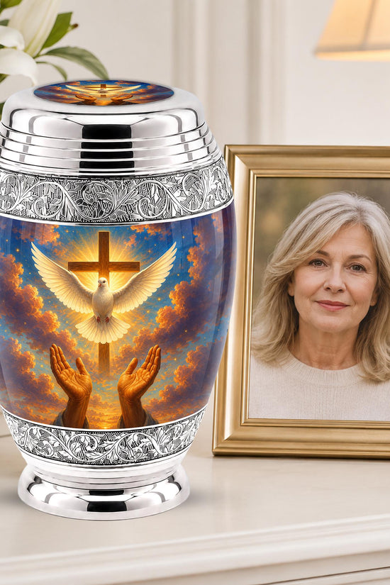 Personalized Christian Cremation Urn, Dove & Cross Memorial Ashes (Silver Tone)