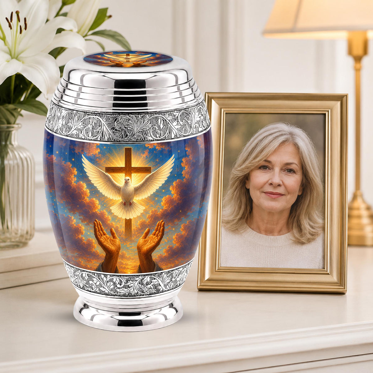 Personalized Christian Cremation Urn, Dove & Cross Memorial Ashes (Silver Tone)