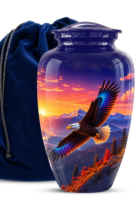 Bald Eagle Cremation Urn for Ashes - Purple Sunset Mountain Memorial Urn