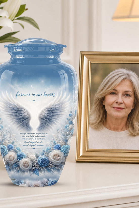 Personalized Angel Wings Cremation Urn - Blue Roses Memorial Keepsake Urn