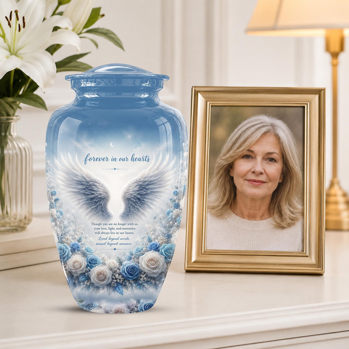 Personalized Angel Wings Cremation Urn - Blue Roses Memorial Keepsake Urn