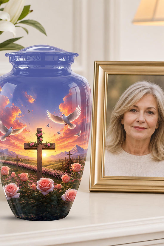 Faith Memorial Ashes Keepsake - Cross Dove Sunset Art