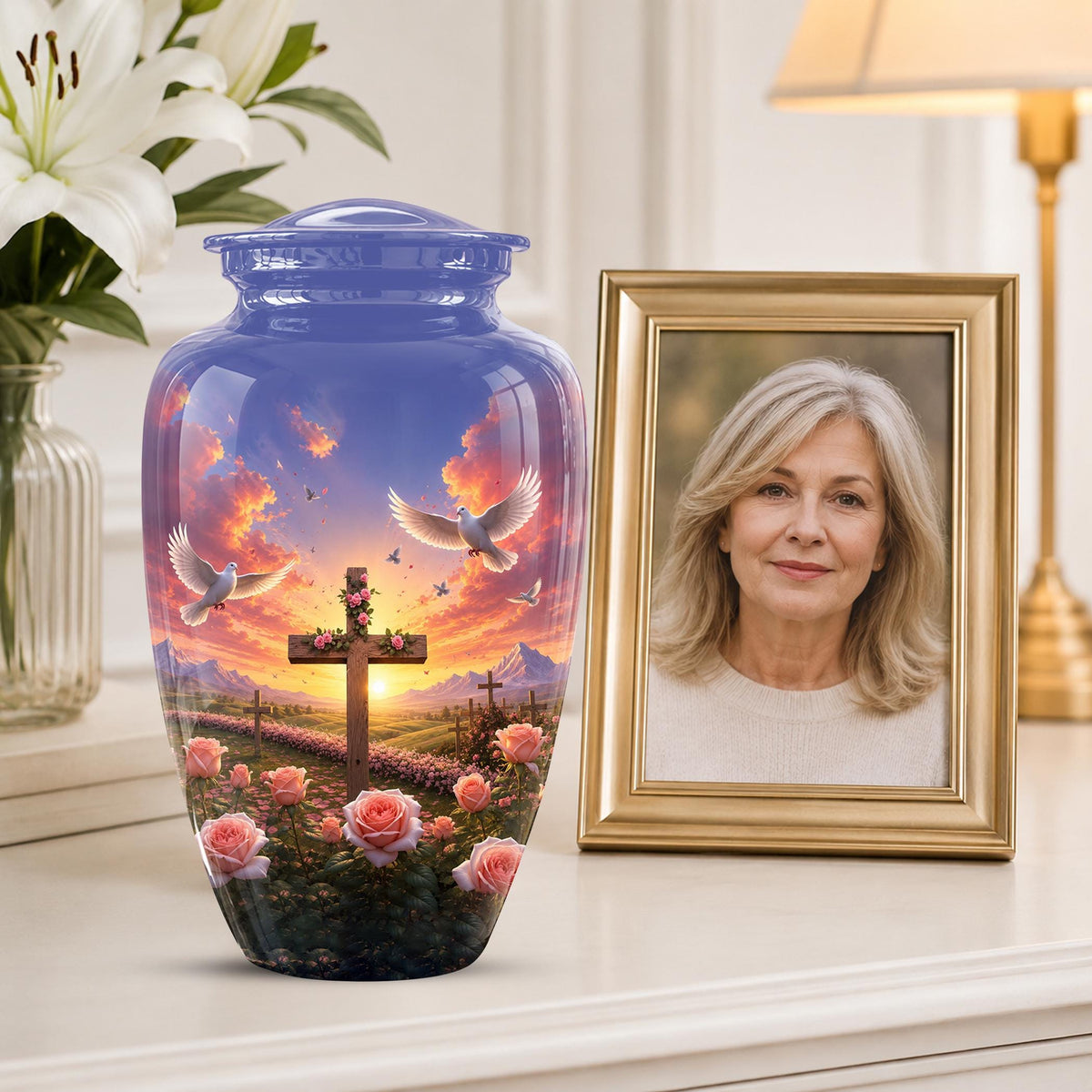 Faith Memorial Ashes Keepsake - Cross Dove Sunset Art