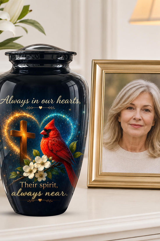 Cardinal Memorial Urn, Christian Cross, Adult Cremation Ashes, Glossy Metal Urn