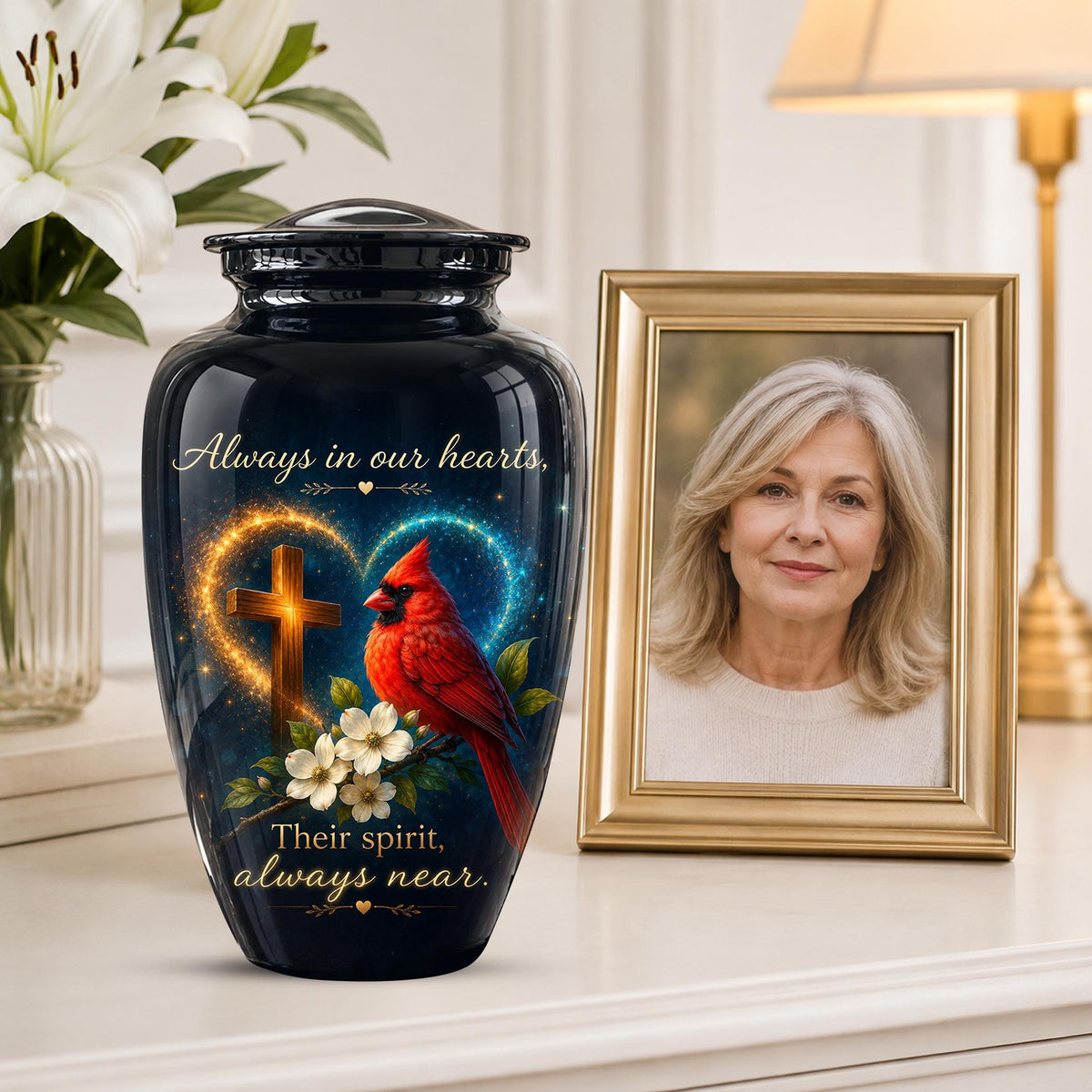Cardinal Memorial Urn, Christian Cross, Adult Cremation Ashes, Glossy Metal Urn