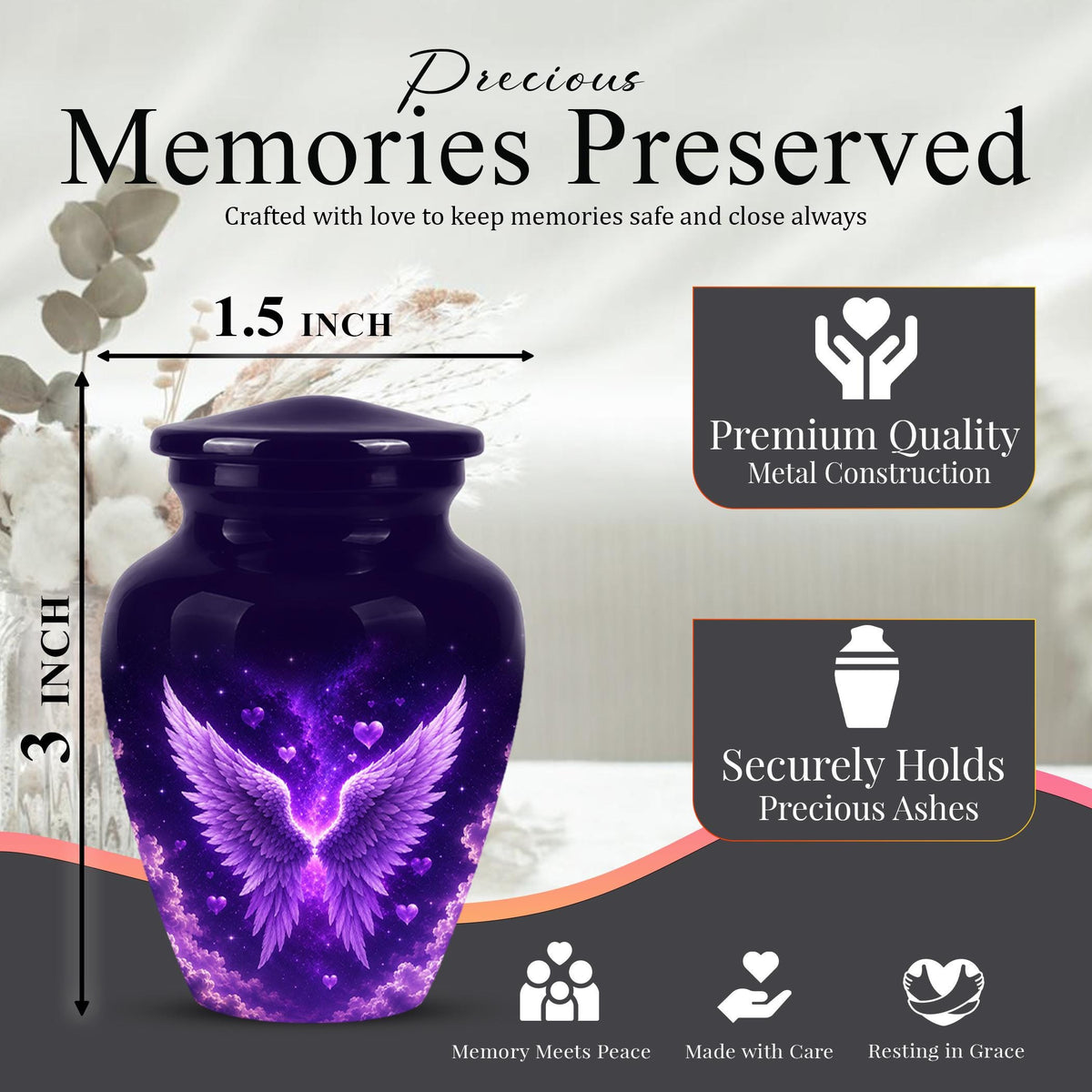 Personalized Purple Memorial Urn - Angel Wings Funeral Urn, Custom Tribute