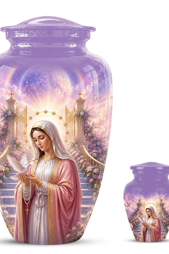 Personalized Virgin Mary Cremation Urn for Ashes - Our Lady of Grace Memorial Urn, Catholic Rosary Tribute
