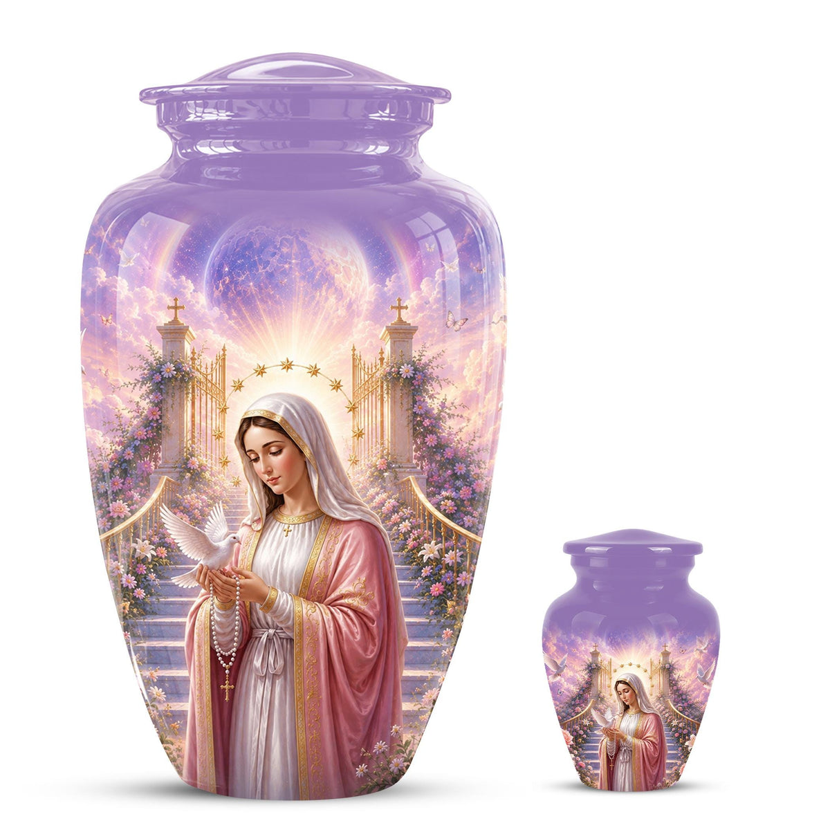 Personalized Virgin Mary Cremation Urn for Ashes - Our Lady of Grace Memorial Urn, Catholic Rosary Tribute