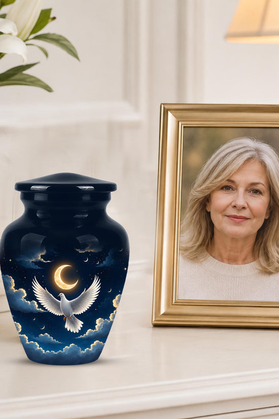 Personalized White Dove Cremation Urn for Ashes - Crescent Moon Memorial Urn, Heavenly Dove
