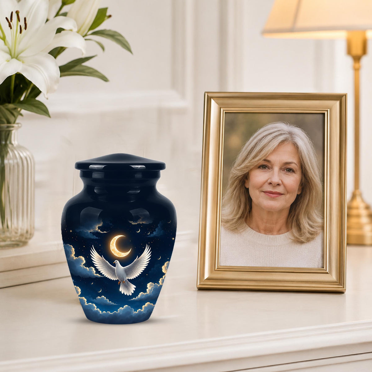 Personalized White Dove Cremation Urn for Ashes - Crescent Moon Memorial Urn, Heavenly Dove