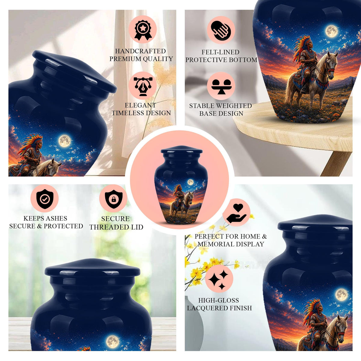 Native American Cremation Urn for Ashes - Western Cowboy Memorial Urn, Horse & Rider Funeral Urn