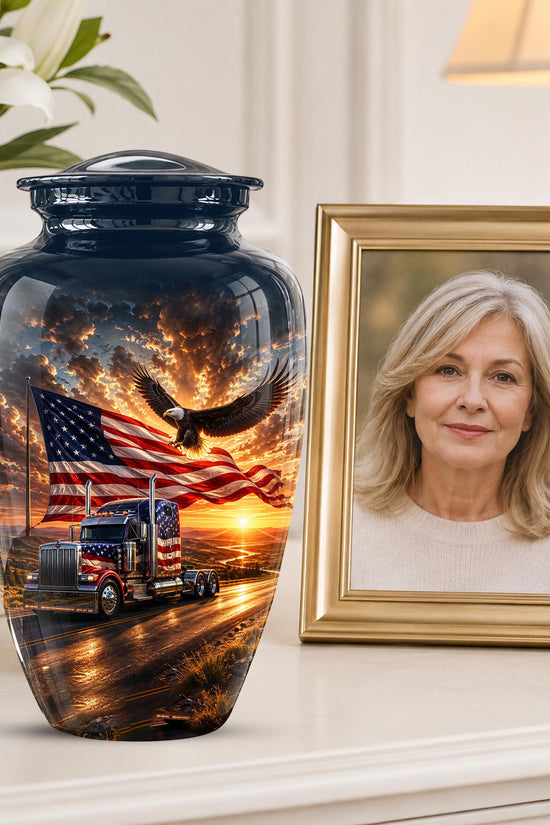 American Flag Truck Cremation Urn for Ashes - Semi Truck and Bald Eagle Memorial Urn