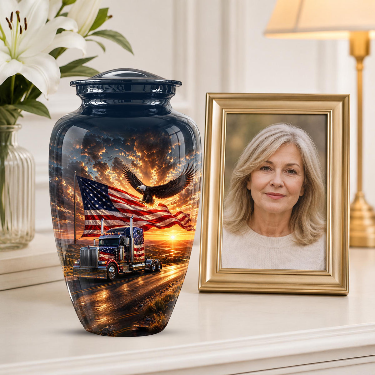 American Flag Truck Cremation Urn for Ashes - Semi Truck and Bald Eagle Memorial Urn