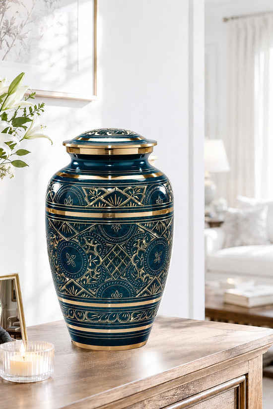 Teal and Gold Brass Cremation Urn for Ashes - Dark Green Ornamental Memorial Urn