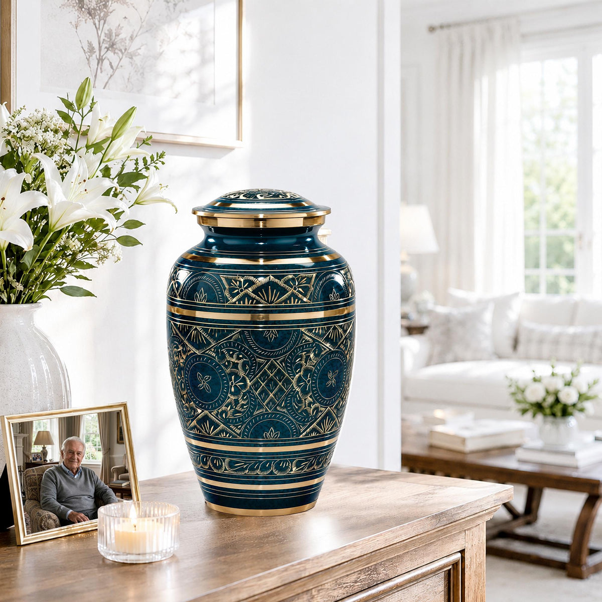 Teal and Gold Brass Cremation Urn for Ashes - Dark Green Ornamental Memorial Urn