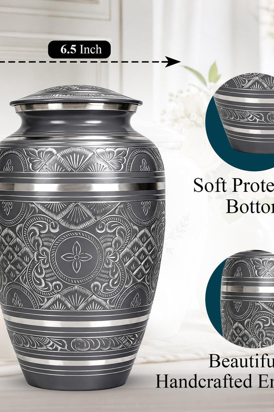 Black and Silver Brass Cremation Urn for Ashes - Ornate Engraved Memorial Urn
