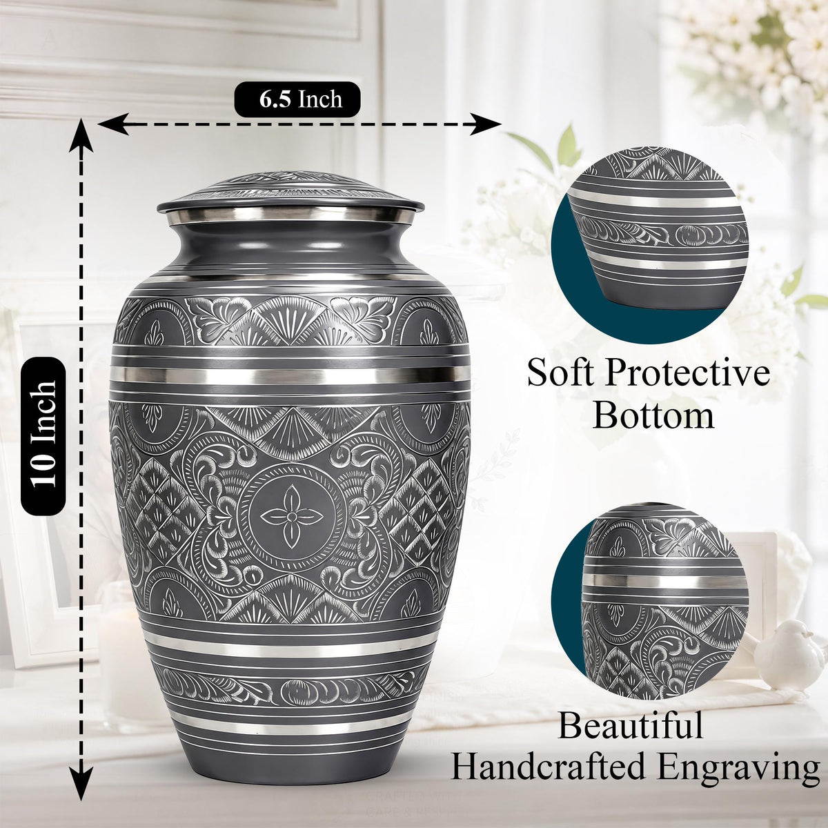 Black and Silver Brass Cremation Urn for Ashes - Ornate Engraved Memorial Urn