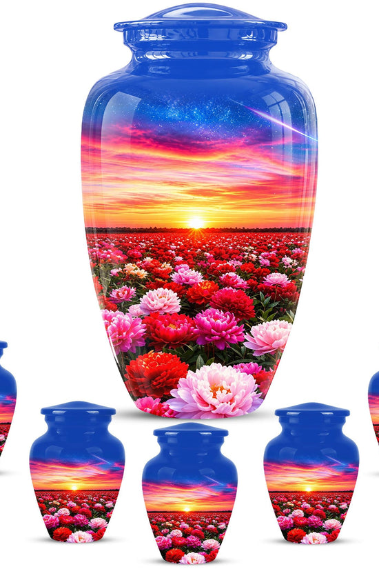 Personalized Floral Sunset Cremation Urn, Metal Memorial Keepsake