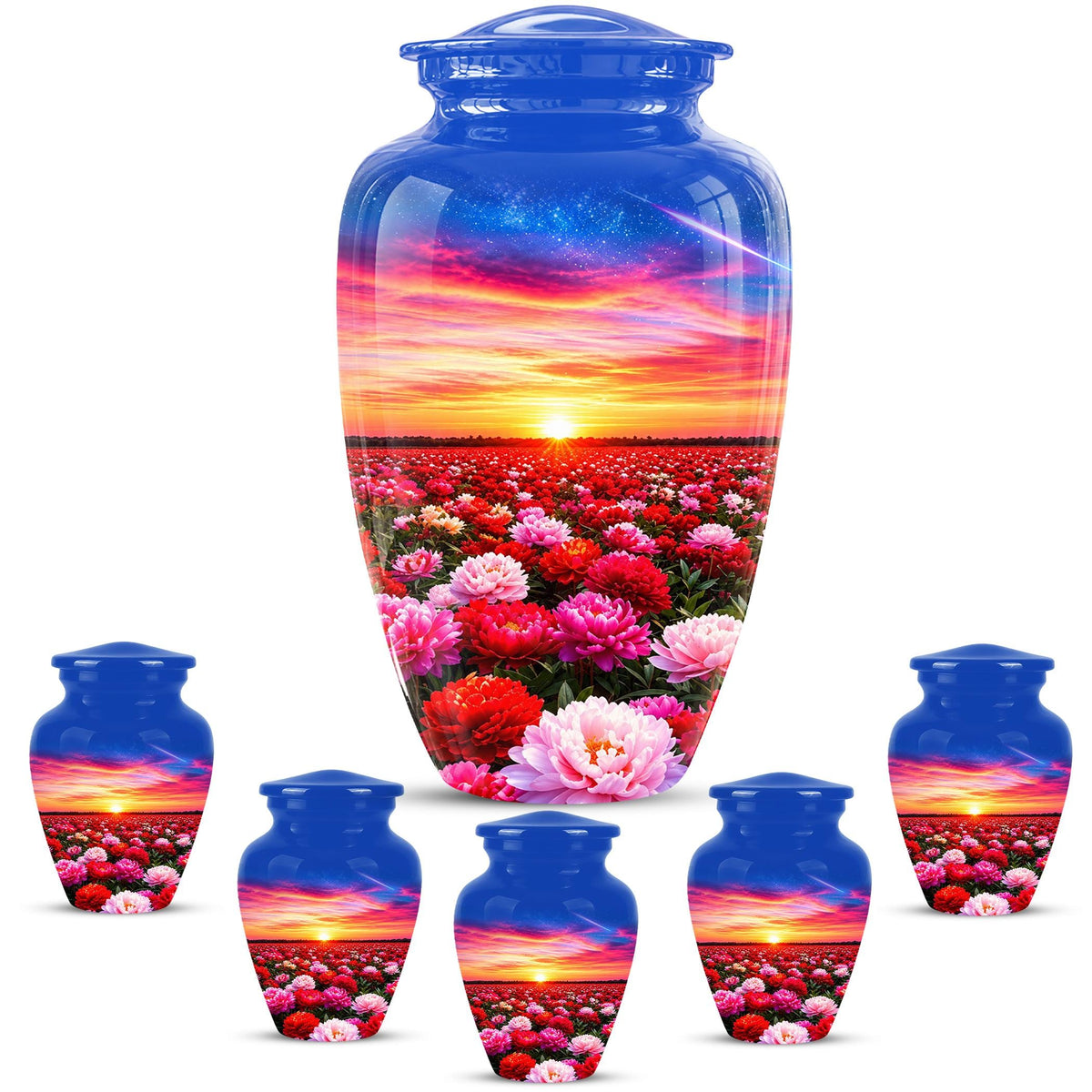 Personalized Floral Sunset Cremation Urn, Metal Memorial Keepsake