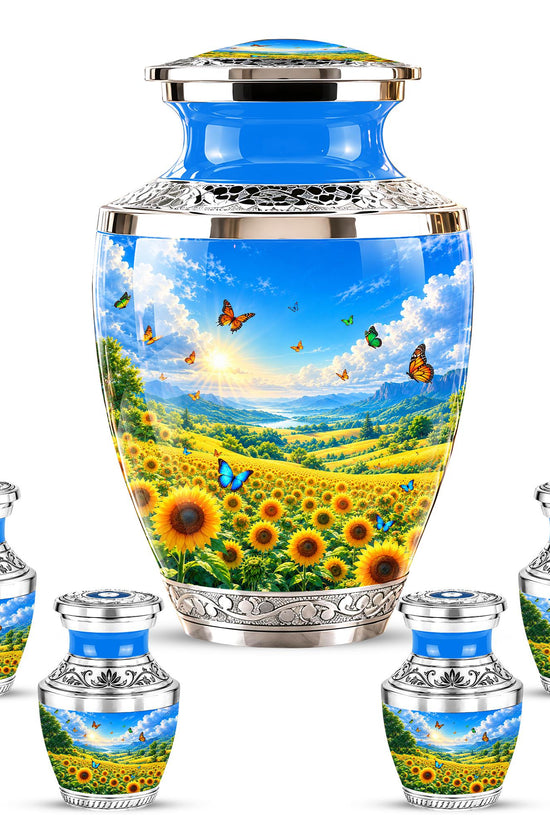 Sunflower Cremation Urn for Ashes - Silver Butterfly Memorial Urn