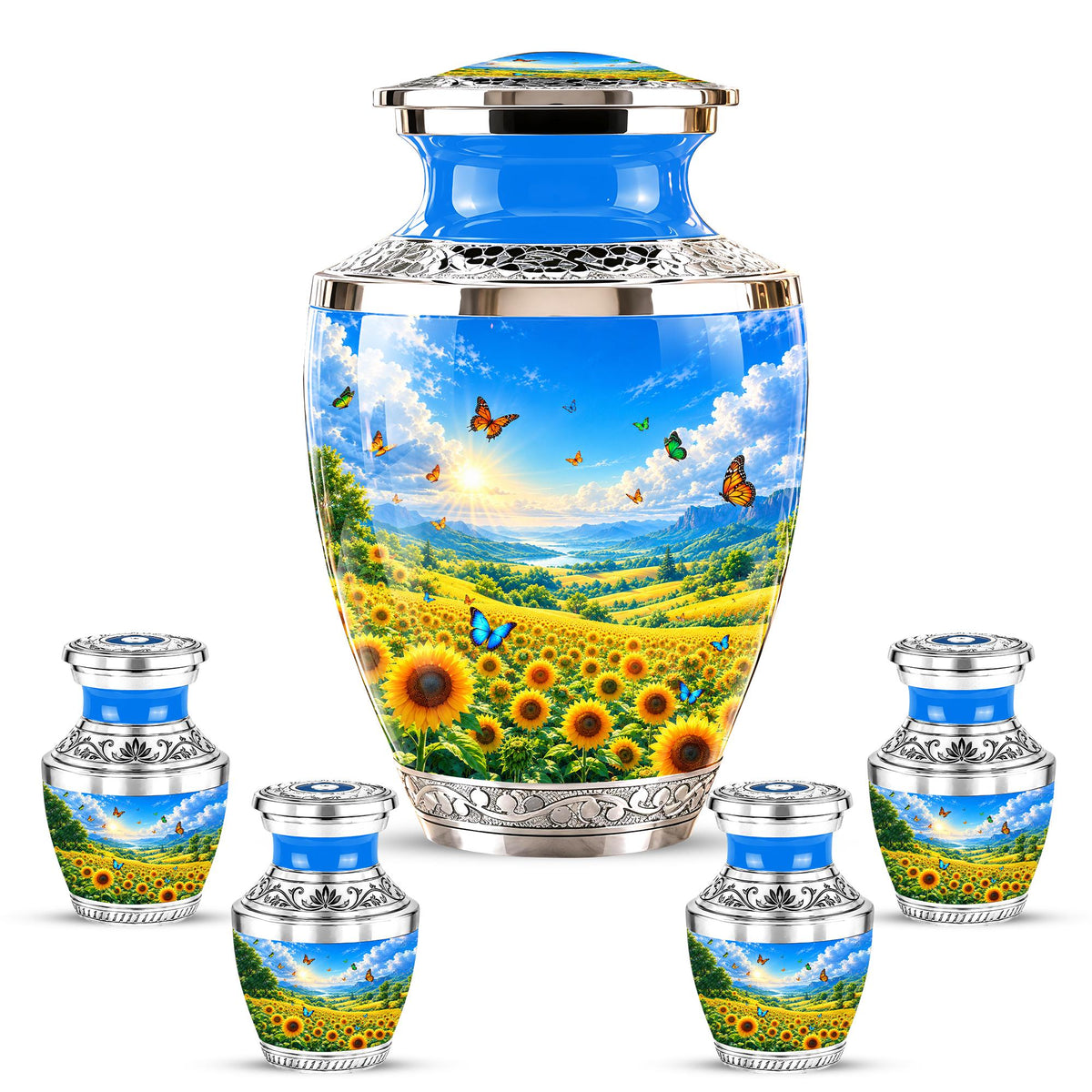Sunflower Cremation Urn for Ashes - Silver Butterfly Memorial Urn