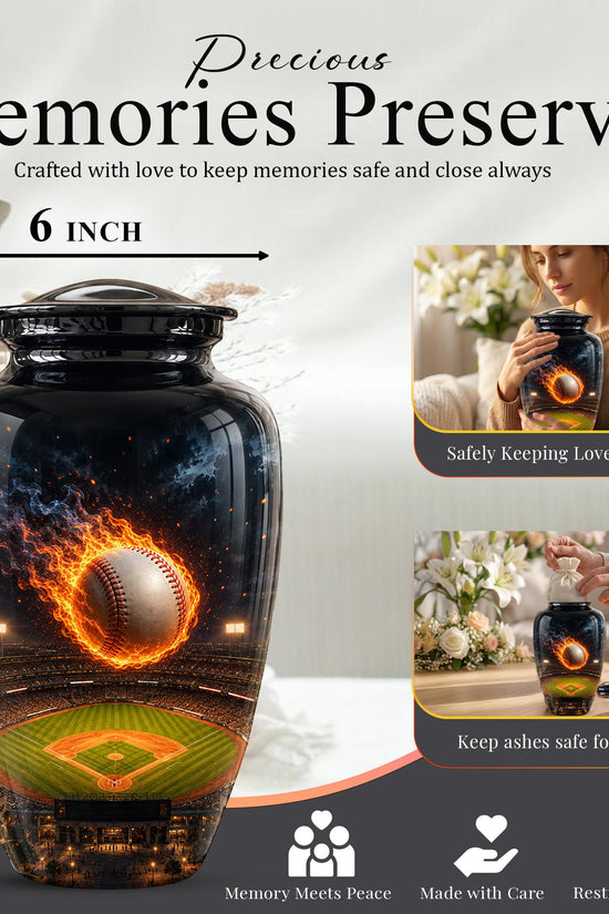 Baseball Cremation Urn for Ashes - Flaming Baseball Memorial Urn