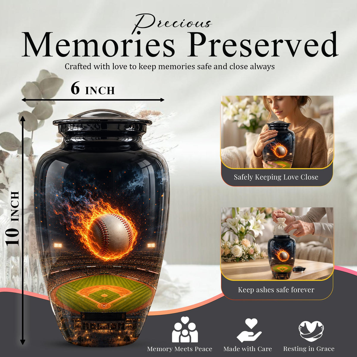 Baseball Cremation Urn for Ashes - Flaming Baseball Memorial Urn