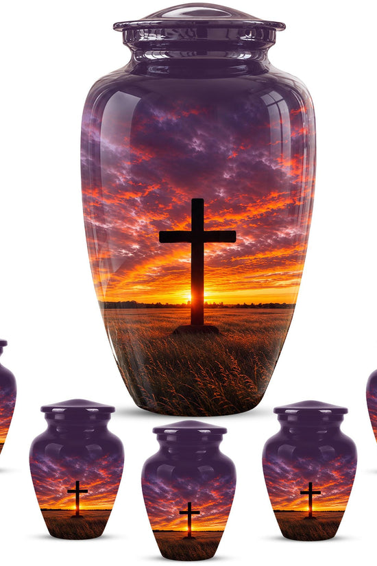 Personalized Cross Cremation Urn, Sunset Memorial Keepsake, Christian Ashes Tribute