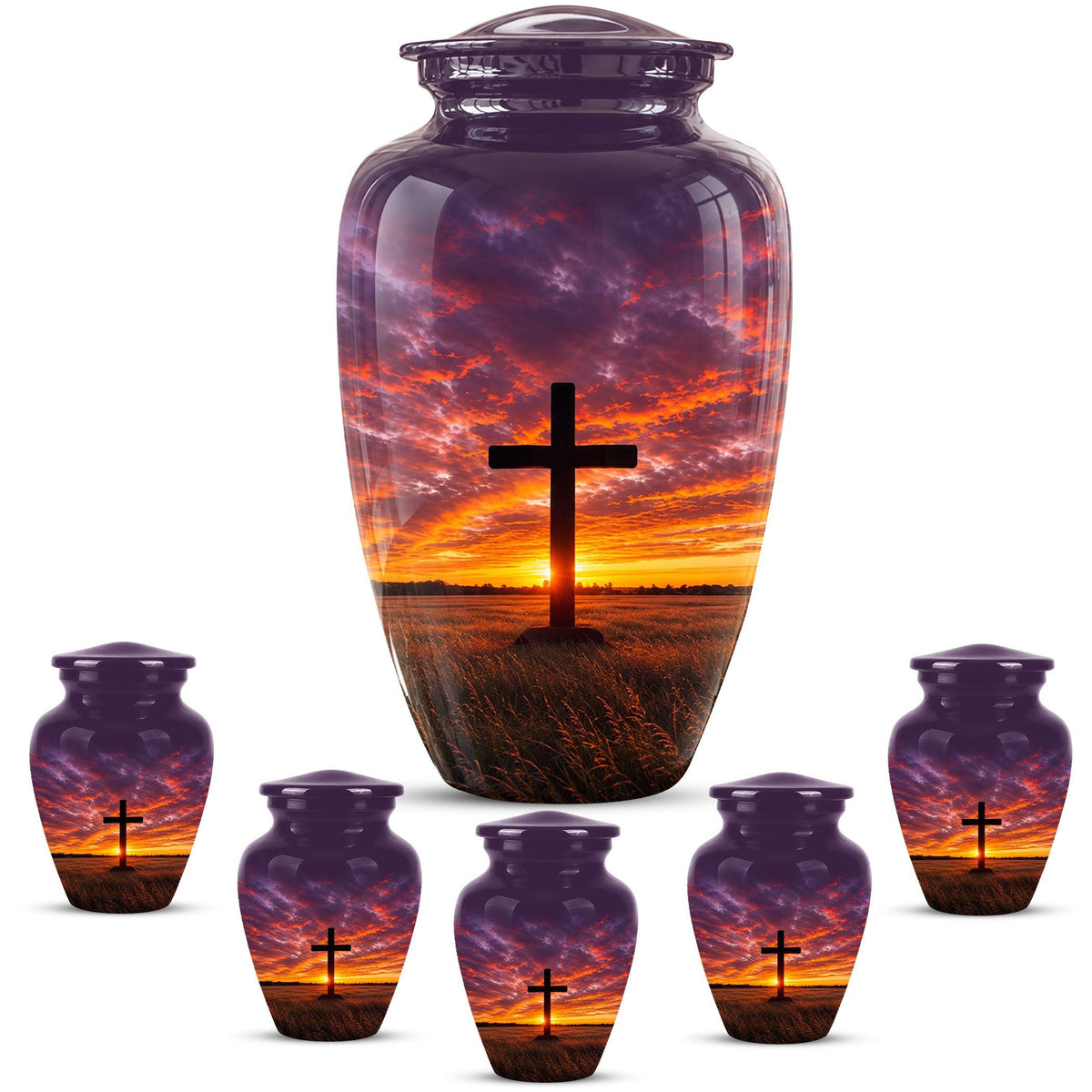 Personalized Cross Cremation Urn, Sunset Memorial Keepsake, Christian Ashes Tribute