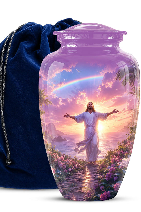 Personalized Jesus Cremation Urn for Ashes Jesus Christ - Rainbow Memorial Urn, Christian Sunset Tribute Urn