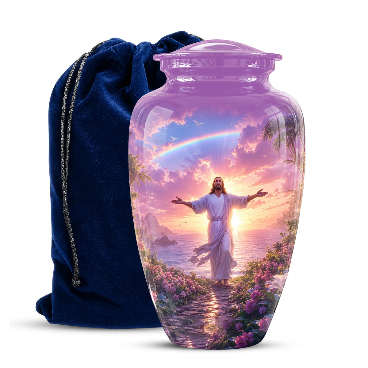 Personalized Jesus Cremation Urn for Ashes Jesus Christ - Rainbow Memorial Urn, Christian Sunset Tribute Urn