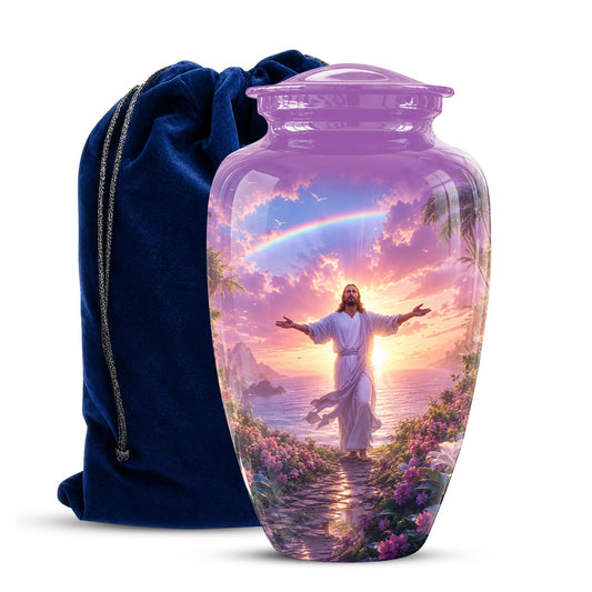 Personalized Jesus Cremation Urn for Ashes Jesus Christ - Rainbow Memorial Urn, Christian Sunset Tribute Urn