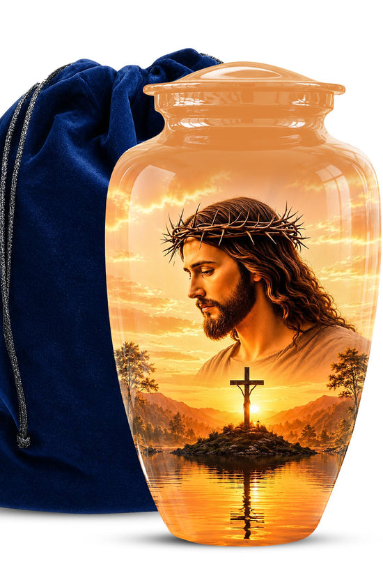 Personalized Jesus Cremation Urn for Ashes, Jesus Christ Sunset Memorial Urn, Christian Cross Tribute Urn, Religious Keepsake Urn Set (200 Cubic)