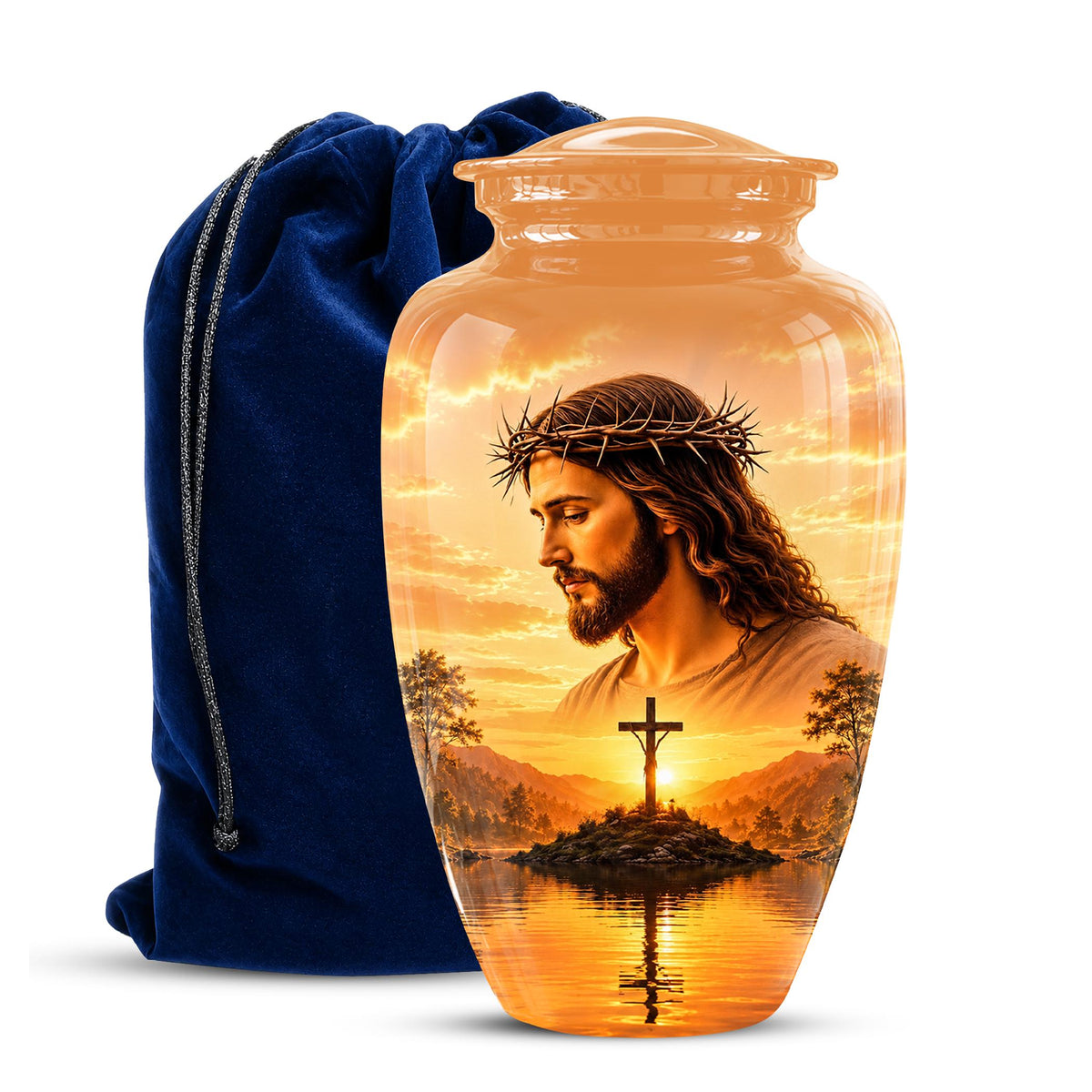 Personalized Jesus Cremation Urn for Ashes, Jesus Christ Sunset Memorial Urn, Christian Cross Tribute Urn, Religious Keepsake Urn Set (200 Cubic)