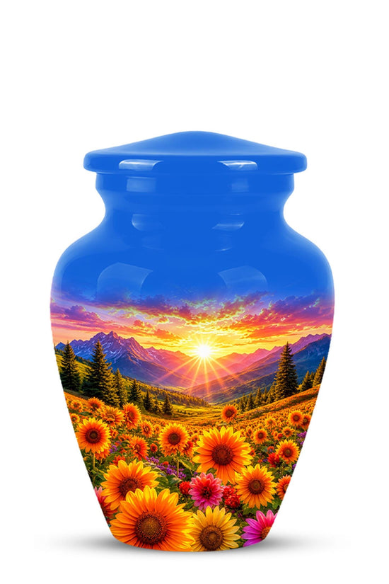 Personalized Sunflower Mountain Sunset Cremation Urn, Scenic Memorial Keepsake