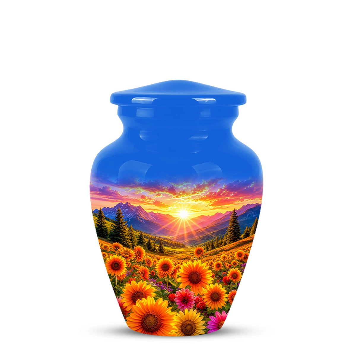 Personalized Sunflower Mountain Sunset Cremation Urn, Scenic Memorial Keepsake