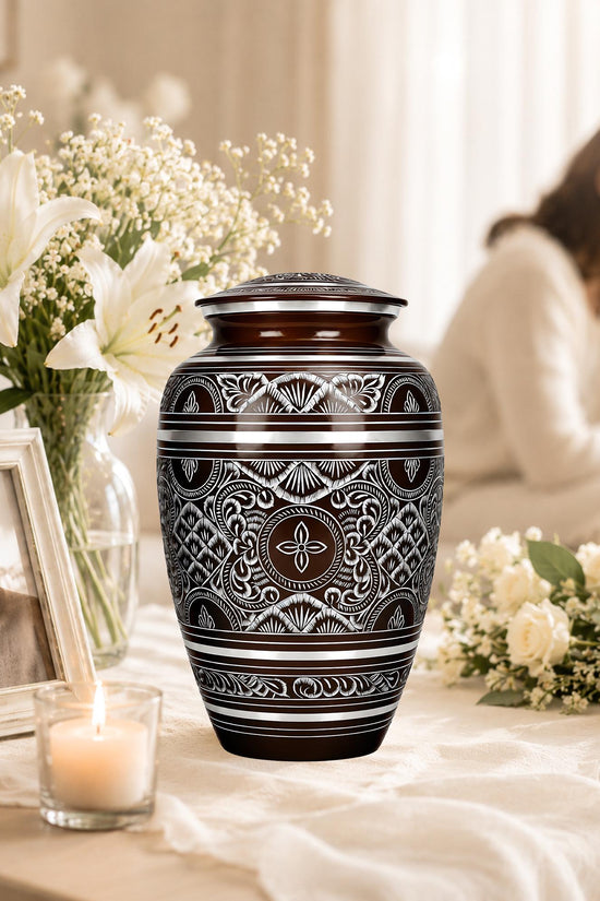 Brass Cremation Urn for Ashes - Black and Silver Engraved Memorial Urn