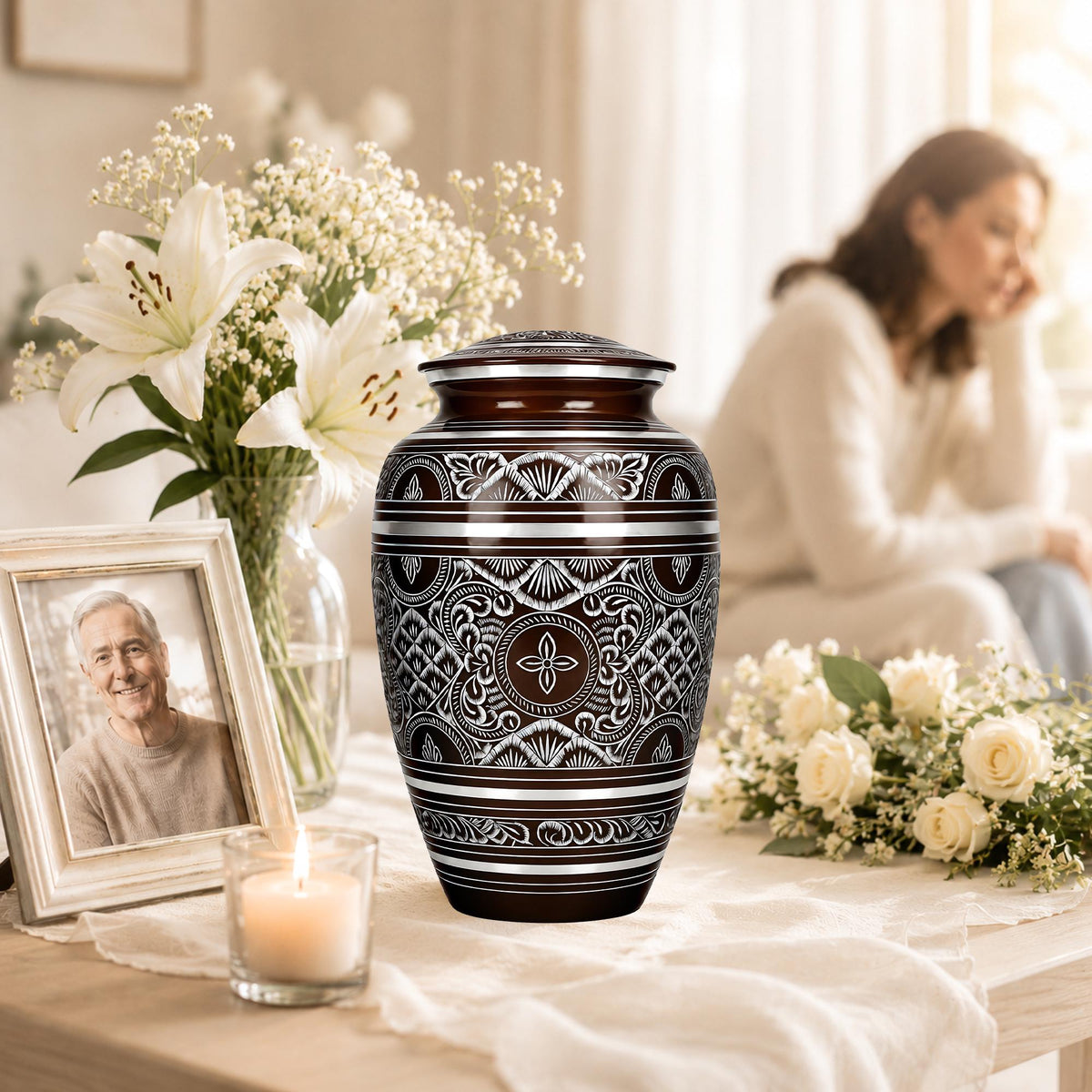 Brass Cremation Urn for Ashes - Black and Silver Engraved Memorial Urn
