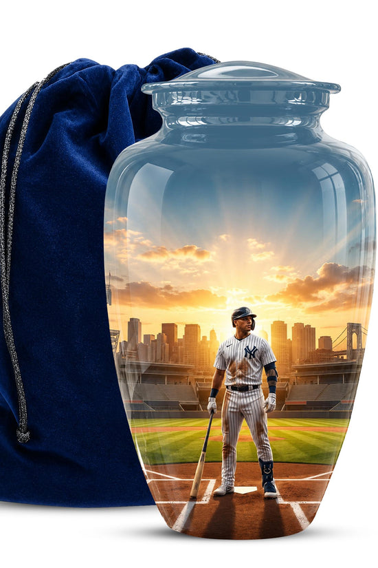 Baseball Player Cremation Urn for Ashes - City Skyline Sunset Memorial Urn