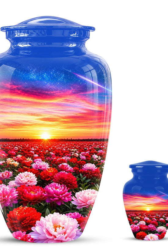 Personalized Floral Sunset Cremation Urn, Metal Memorial Keepsake