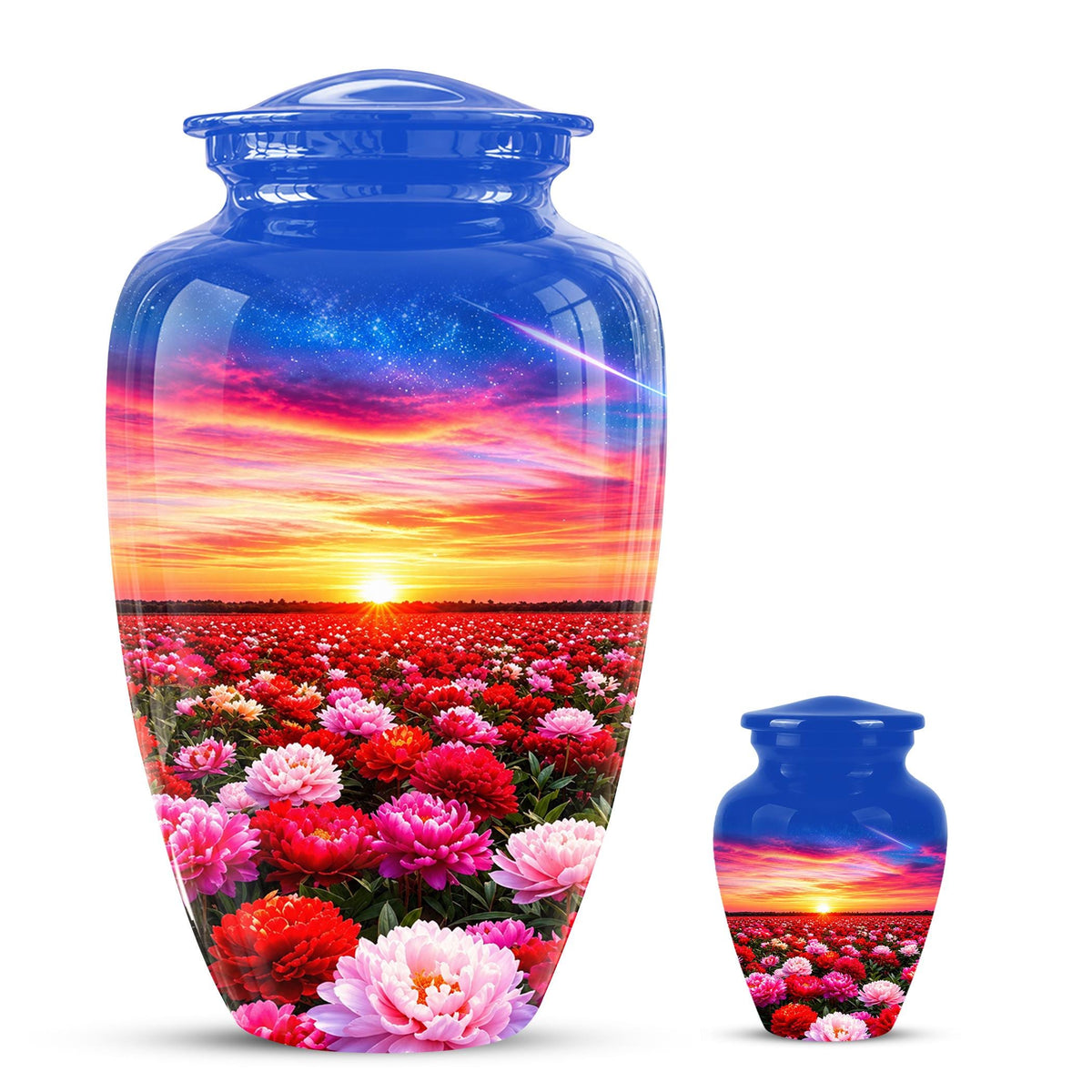 Personalized Floral Sunset Cremation Urn, Metal Memorial Keepsake