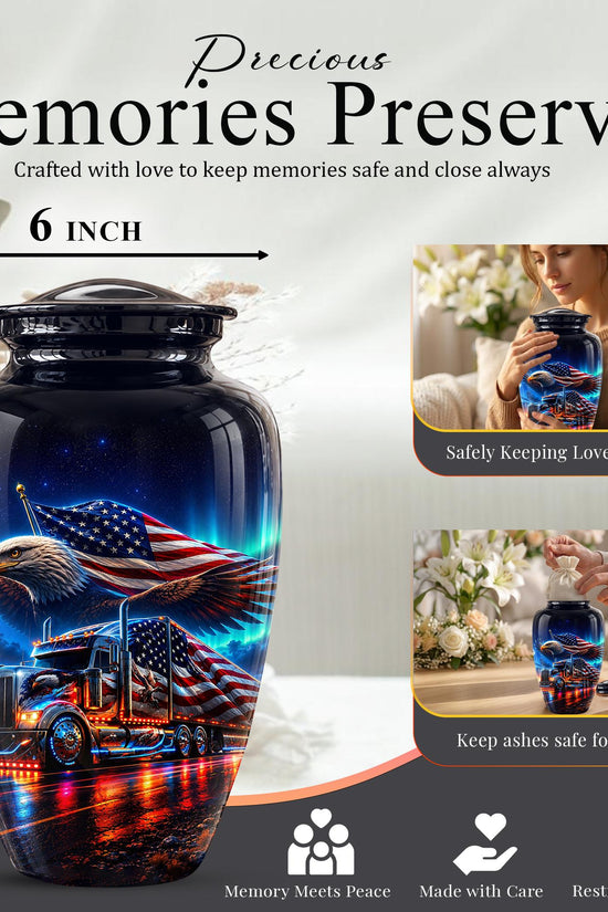 American Flag Truck Cremation Urn for Ashes - Bald Eagle and Semi Truck Memorial Urn