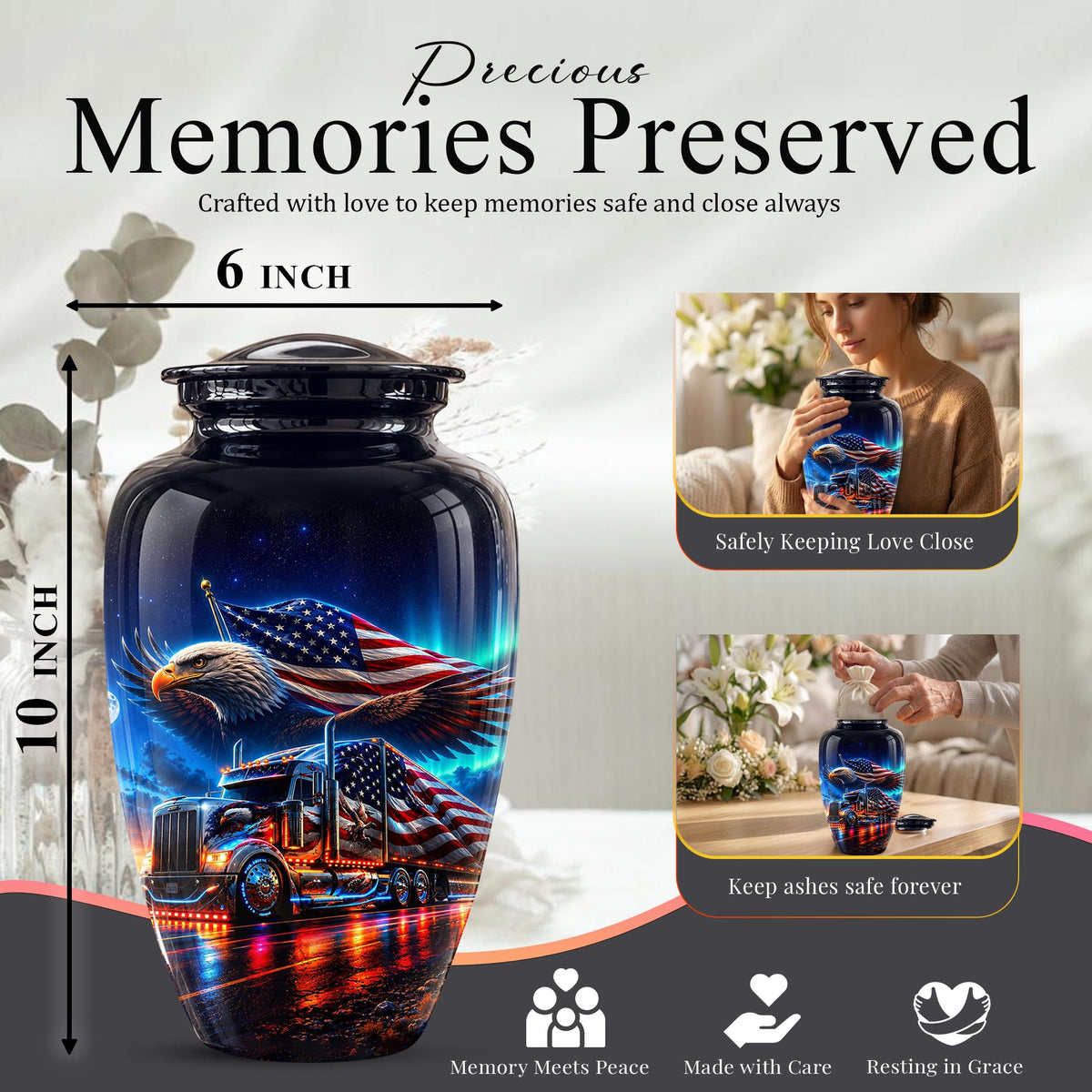 American Flag Truck Cremation Urn for Ashes - Bald Eagle and Semi Truck Memorial Urn