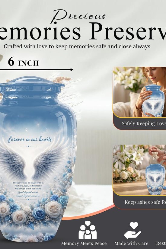 Personalized Angel Wings Cremation Urn - Blue Roses Memorial Keepsake Urn